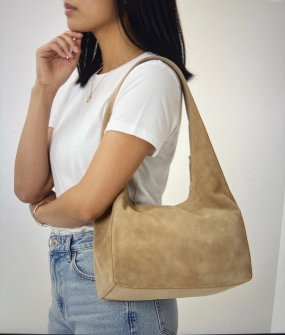 Quince Italian Suede Slouchy Shoulder Bag Purse, Sand *See Desc*